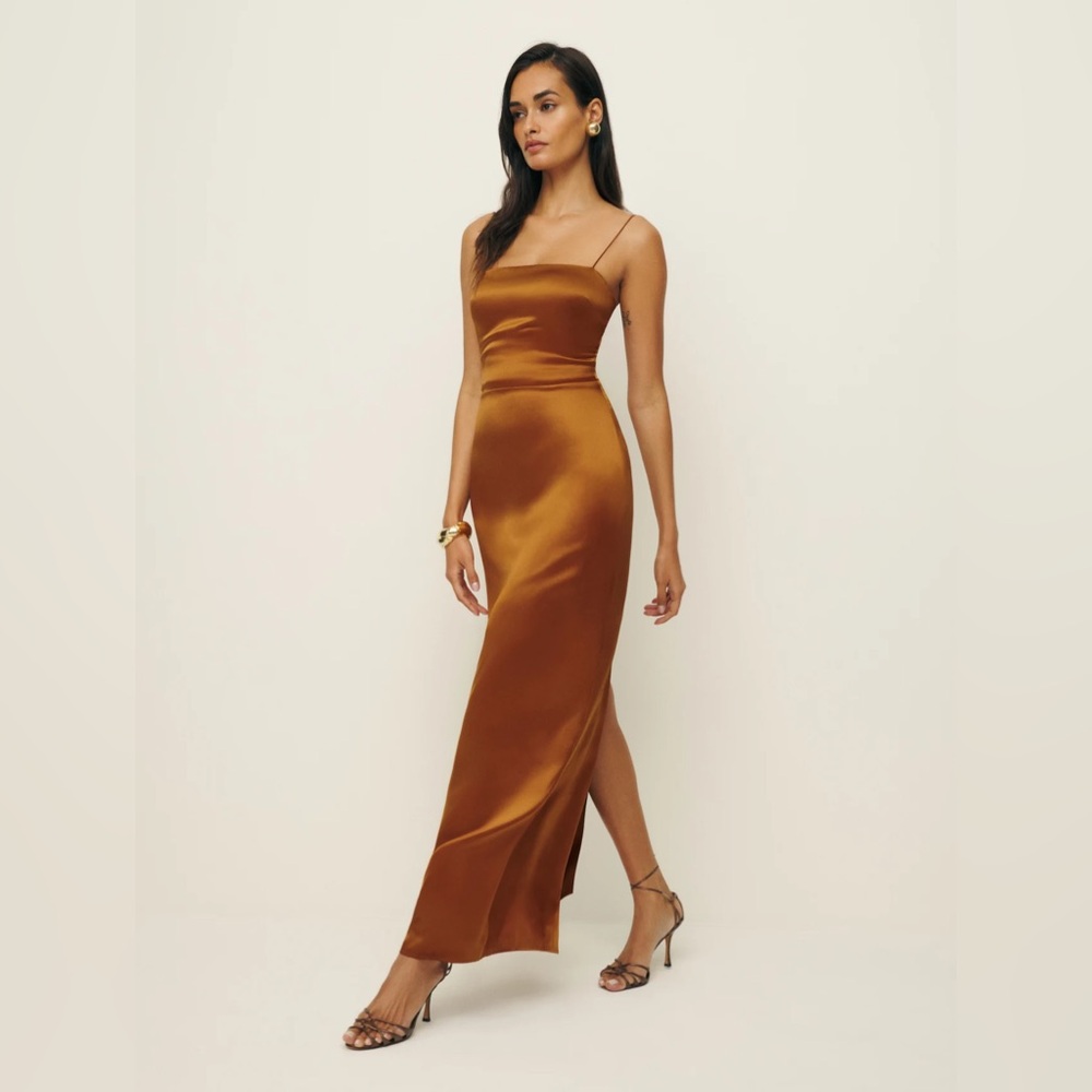 NEW Reformation Frankie Silk Long Dress in Copper Brown | size 4 - Picture 3 of 13